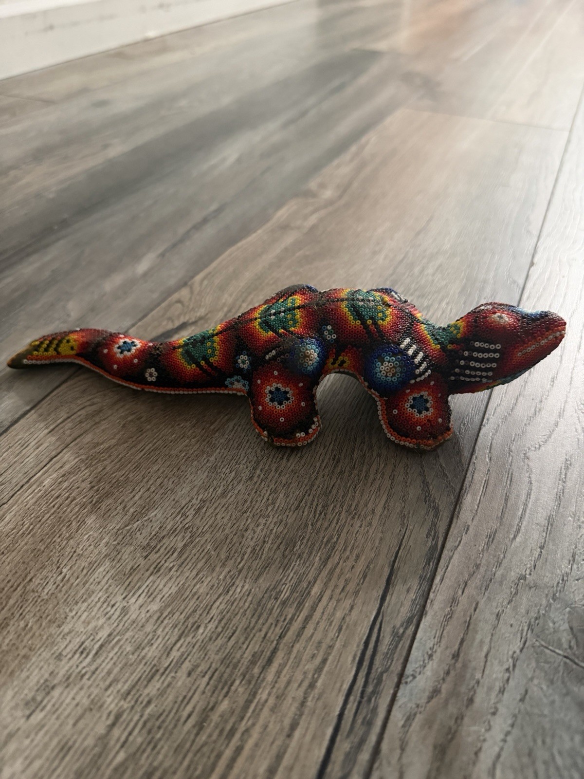 Huichol ART Beaded Lizard On Ceramic MEXICO 10” Lizard Preowned