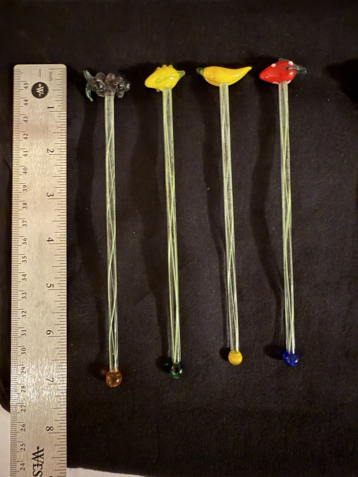 Vintage Blown Glass Fruit Swizzle Sticks Set of 4 Cocktail Stirrers MCM Barware