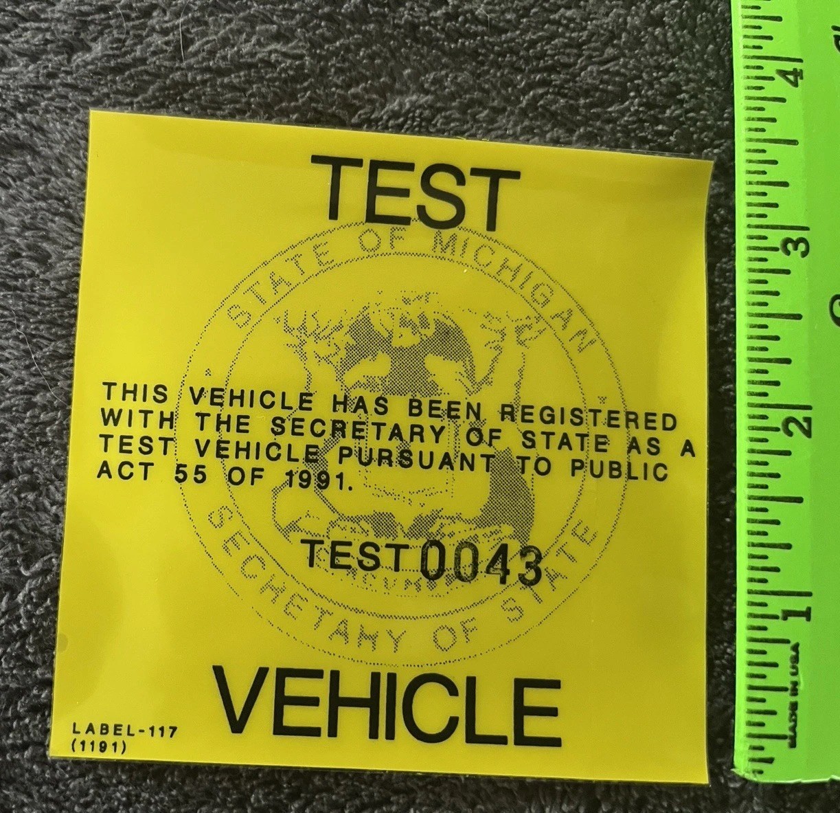 Vintage UNUSED State of Michigan WINDOW DECAL TEST VEHICLE Numbered RARE