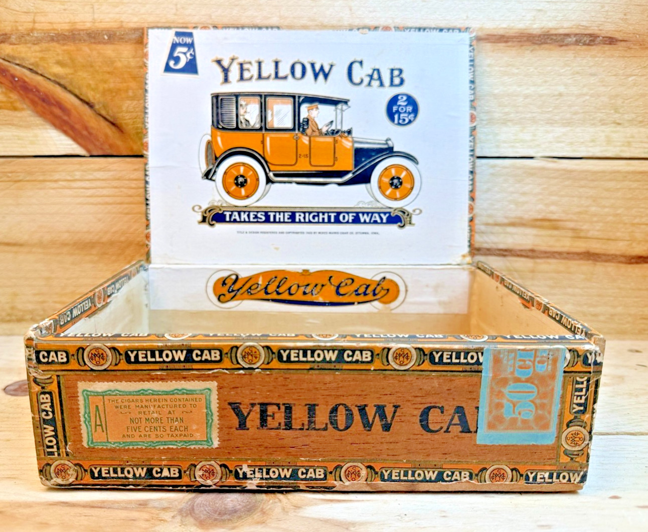 RARE  Vtg Antique 1917 Stamp Yellow Cab Wood Cigar Box *See My Other Listings*