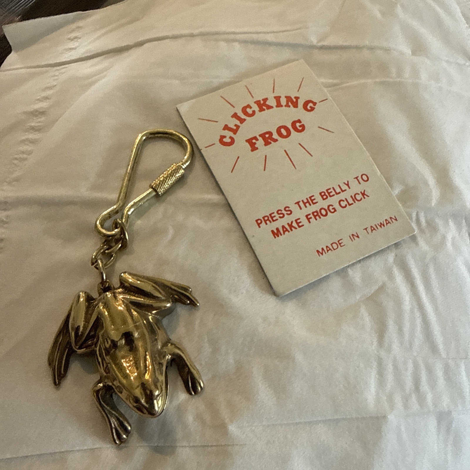 Brass Frog Key Ring Clicker Toy Vintage 1970’s Metal Unique Keychain Frog