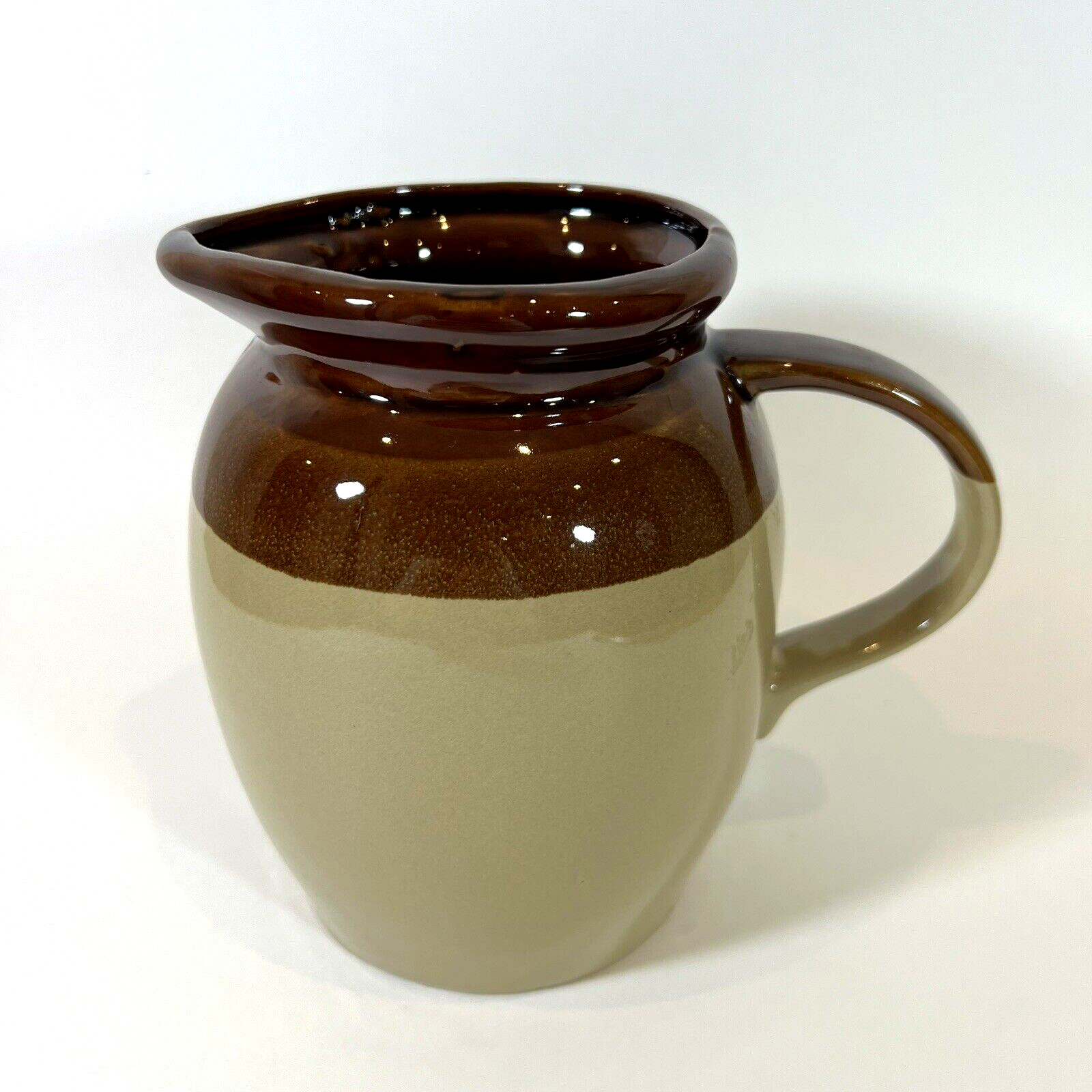 Vintage Two Toned Brown Pitcher Jug Stoneware Pottery Rustic Barware 1 Qt