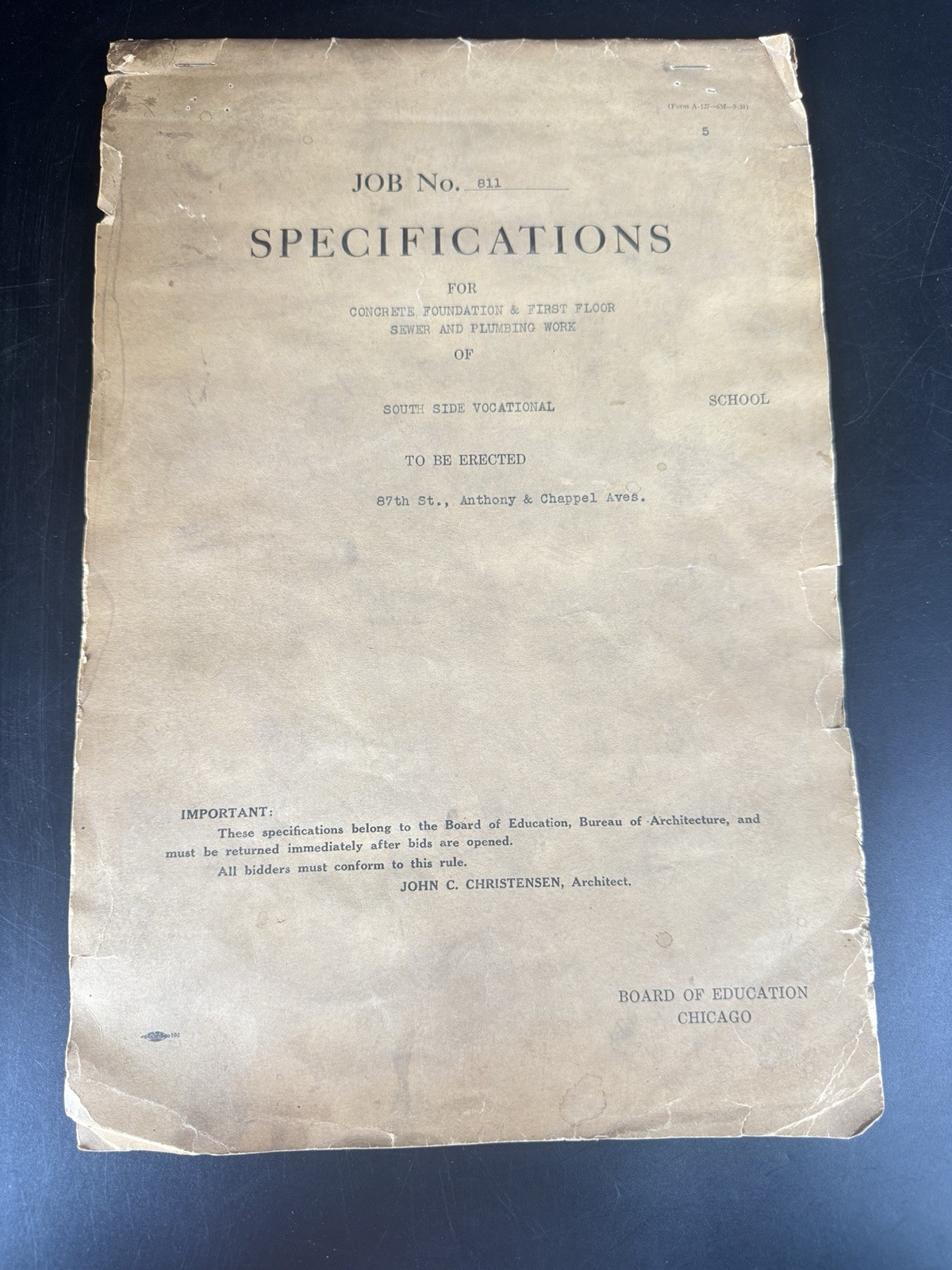 1938 Chicago South Side Vocational School Architectural Specifications Job 811