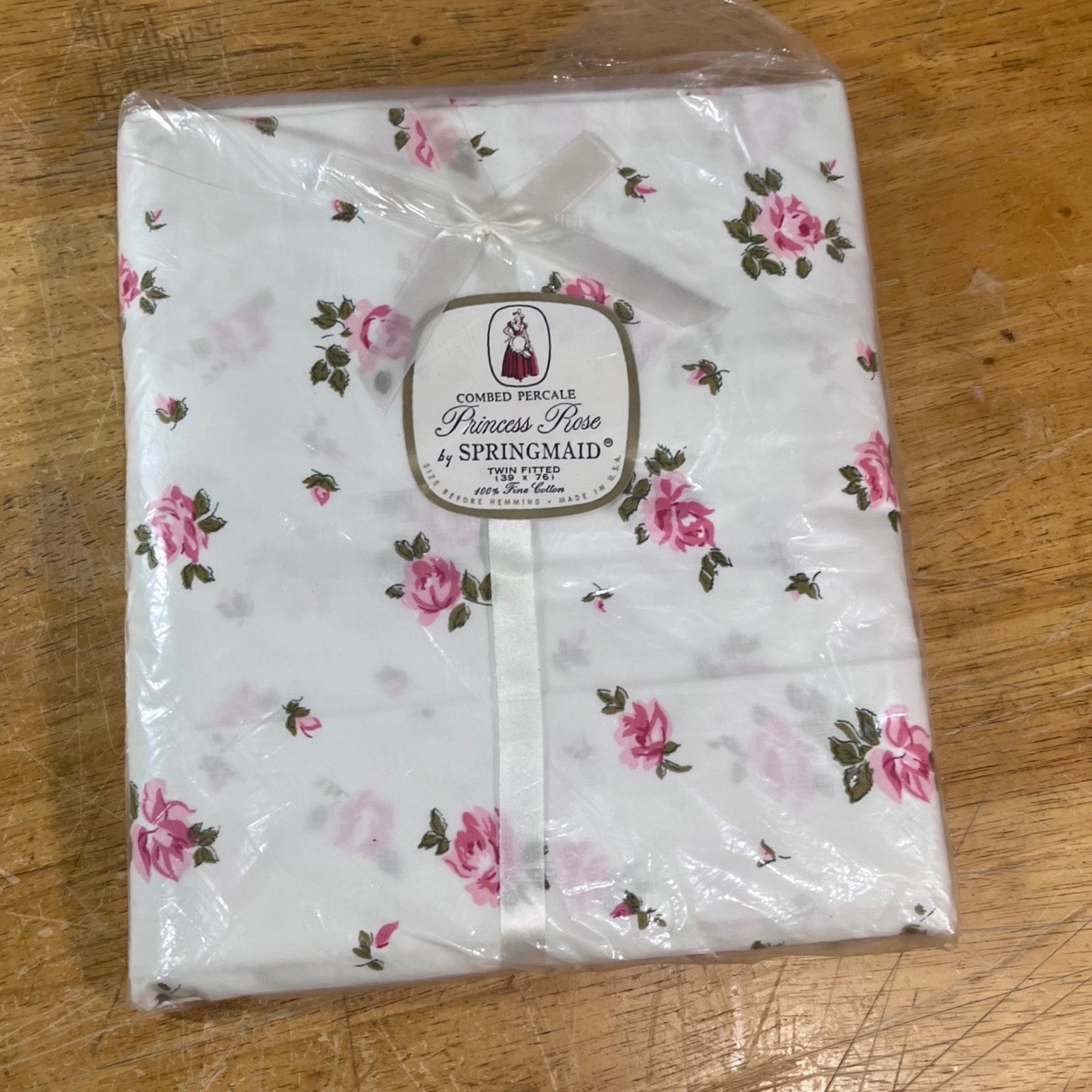 Springmaid Princess Rose Fitted Sheet Twin White Pink Floral Vtg Cotton Percale