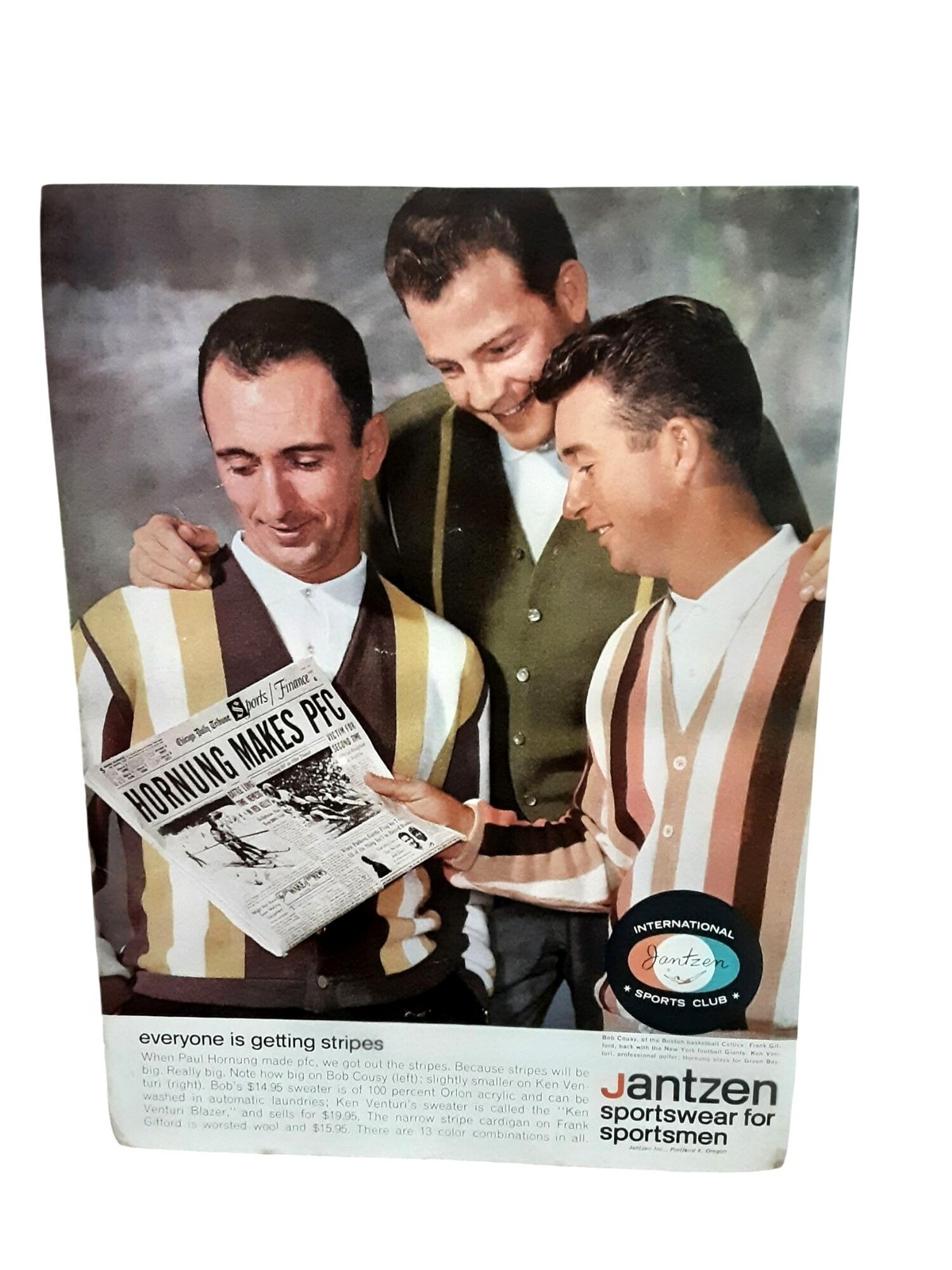 1962 Jantzen Sportswear Ad Bob Cousy Frank Gifford Ken Venturi Golf Celtics 1962 Jantzen Sportswear Ad Bob Cousy Frank Gifford Ken Venturi Golf Celtics