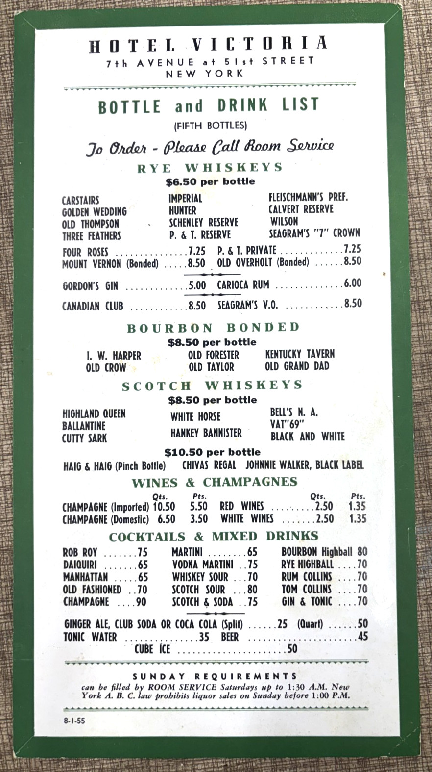 VINTAGE 1955 HOTEL VICTORIA BOTTLE & DRINK LIST Menu NEW YORK CITY 7th Ave 51st