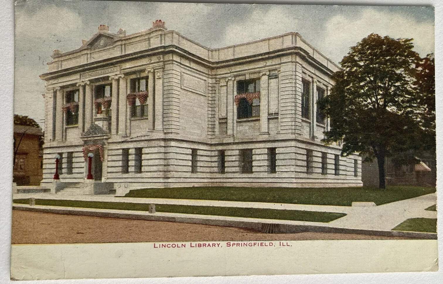Springfield Illinois Lincoln Library Patriotic Flags Antique Postcard c1910
