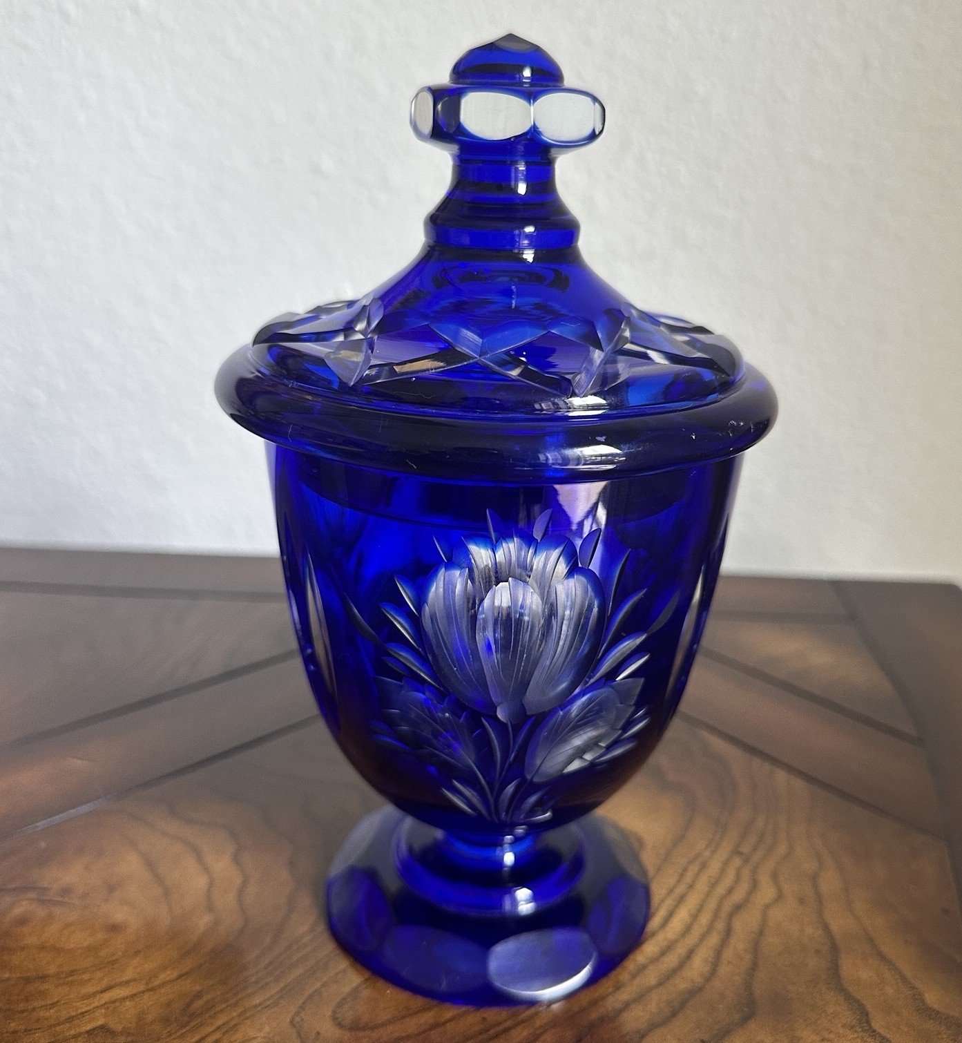 VTG Bohemian Lidded Footed Candy Dish Bowl 7.8 in Crystal Cut Floral Cobalt Blue