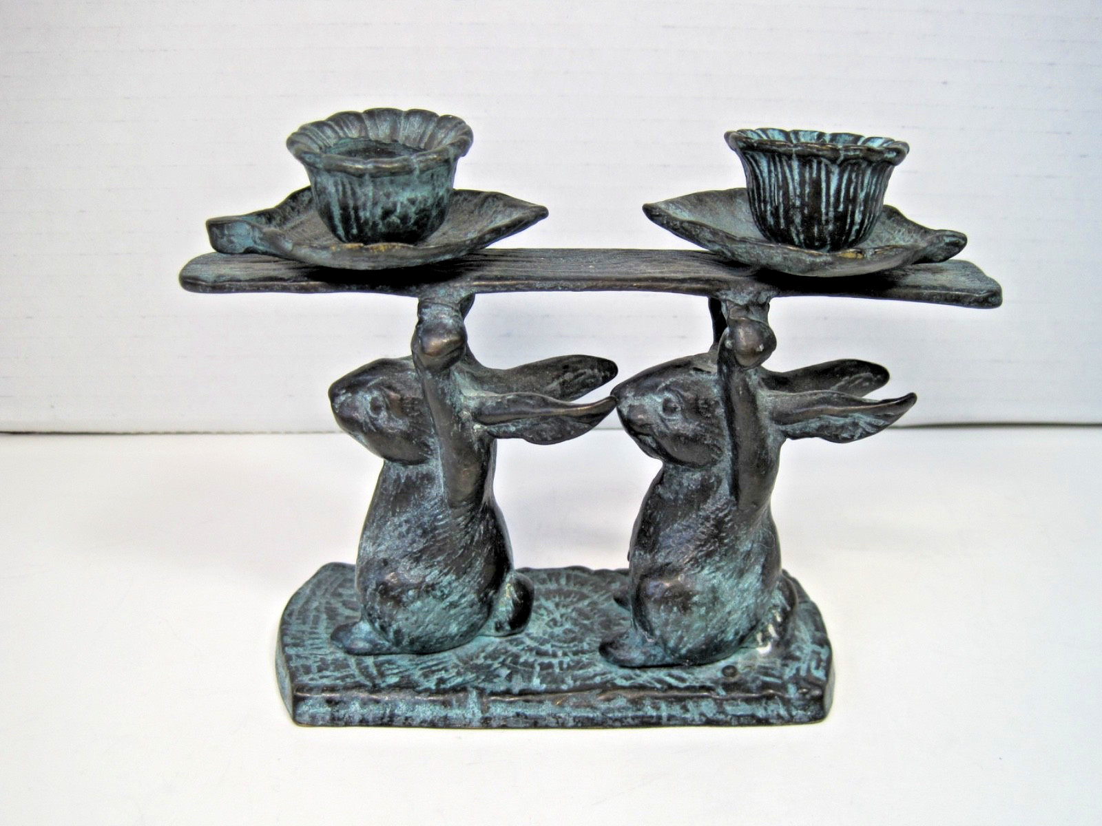 Vintage Bronze With Verdigris 2 Rabbits Candlestick Holders  6. 5