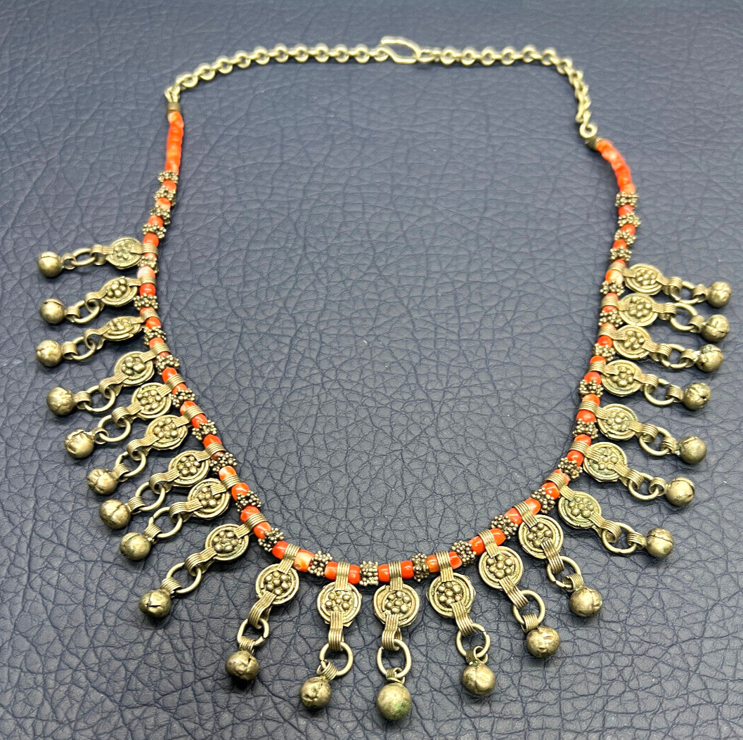 Antique Nepalese Tibetan Necklace Cabochon Red Coral White Metal Pendants