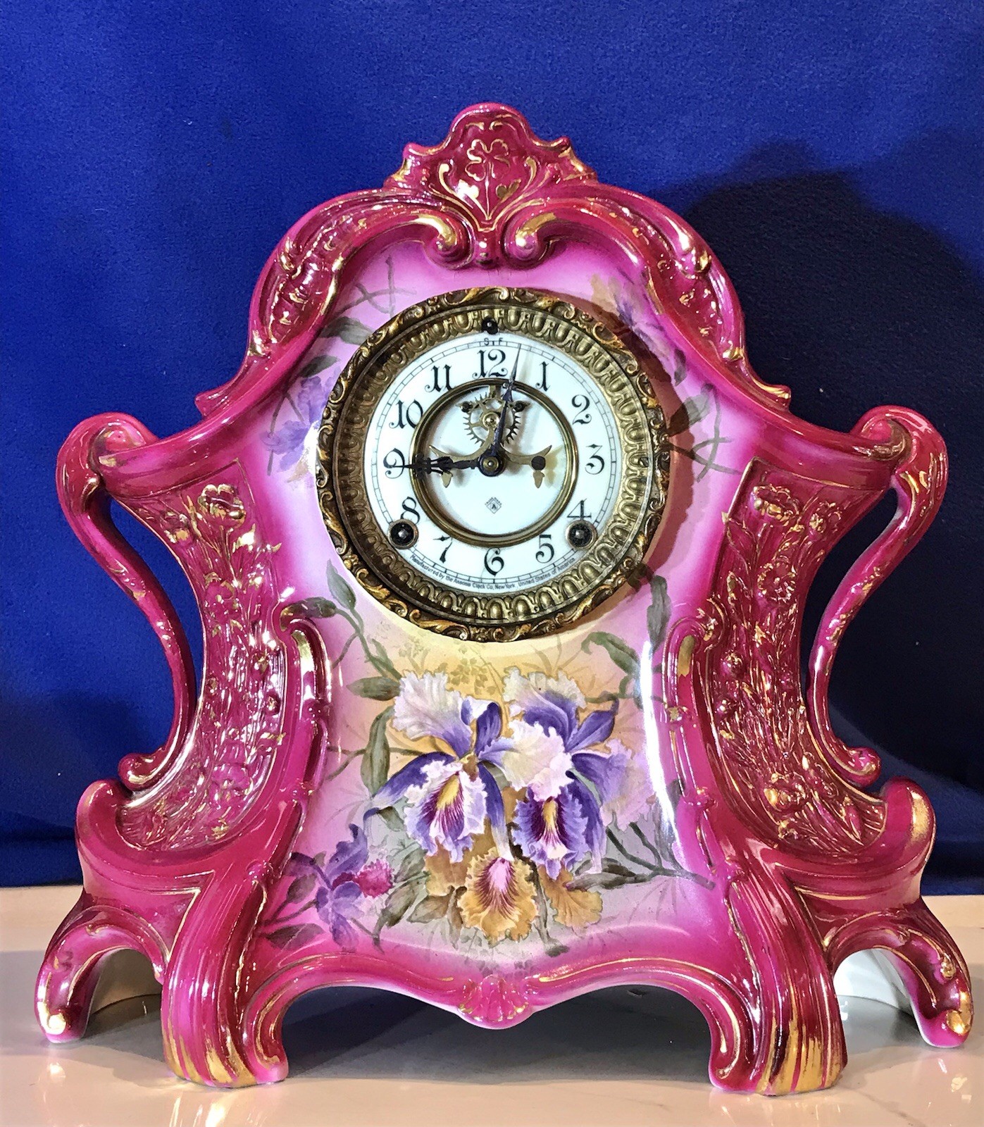 1882 ANTIQUE ANSONIA PORCELAIN STRIKE CLOCK,1755 GERMAN ROYALBONN PORCELAIN CASE