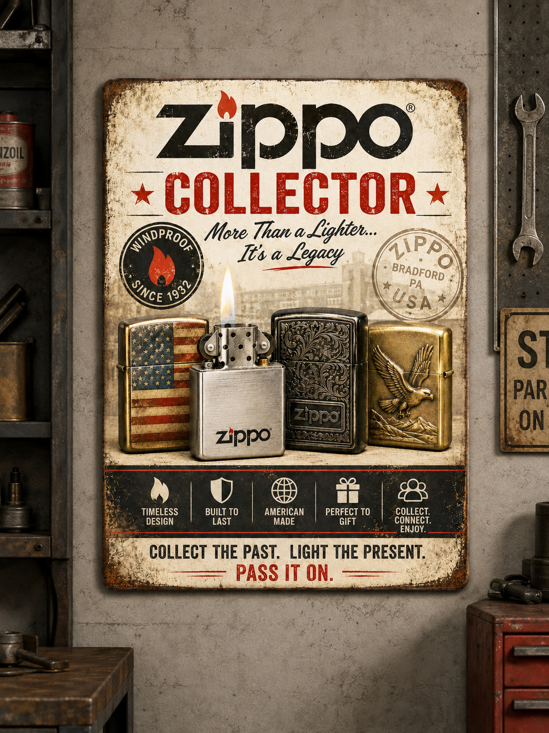 ZIPPO LIGHTER Vintage-Look DECORATIVE REPLICA METAL NEW sign. One sided Aluminum ZIPPO LIGHTER Vintage-Look DECORATIVE REPLICA METAL NEW sign. One sided Aluminum