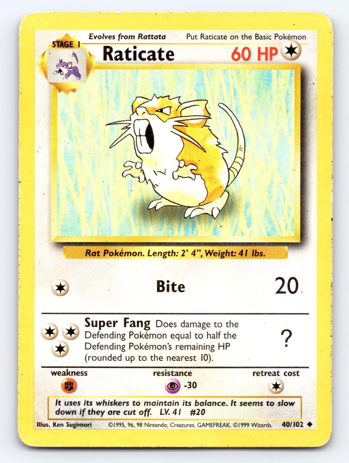 Raticate 40/102 Uncommon Base Set Unlimited Pokemon Heavily Played
