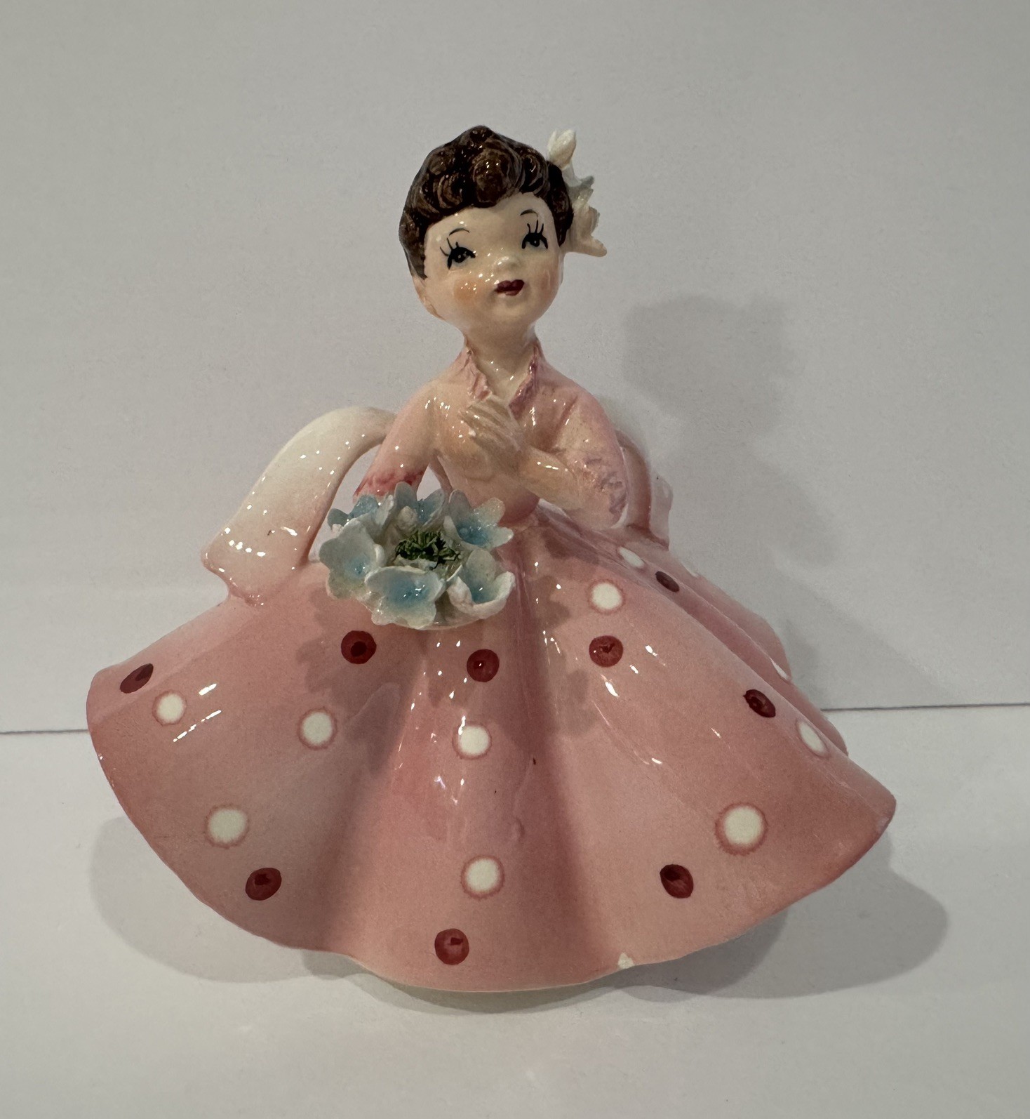 Vtg Lefton Springtime Brunette Bridesmaid Flower Girl Pink Polka Dot Dress Bow 