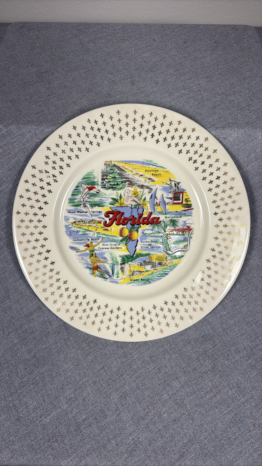 Vintage Florida Souvenir Plate Daytona Beach Silver Springs Gold Trim Lattice