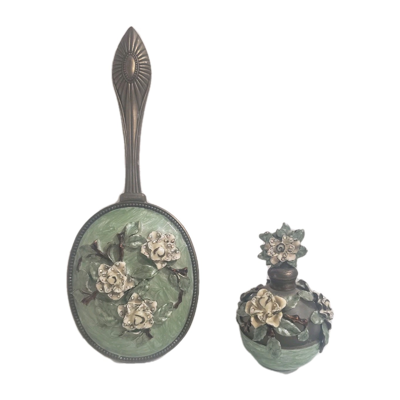 Vintage Argento SC Augusta Hand Mirror & Perfume Bottle Floral Enamel Vanity Set Vintage Argento SC Augusta Hand Mirror & Perfume Bottle Floral Enamel Vanity Set