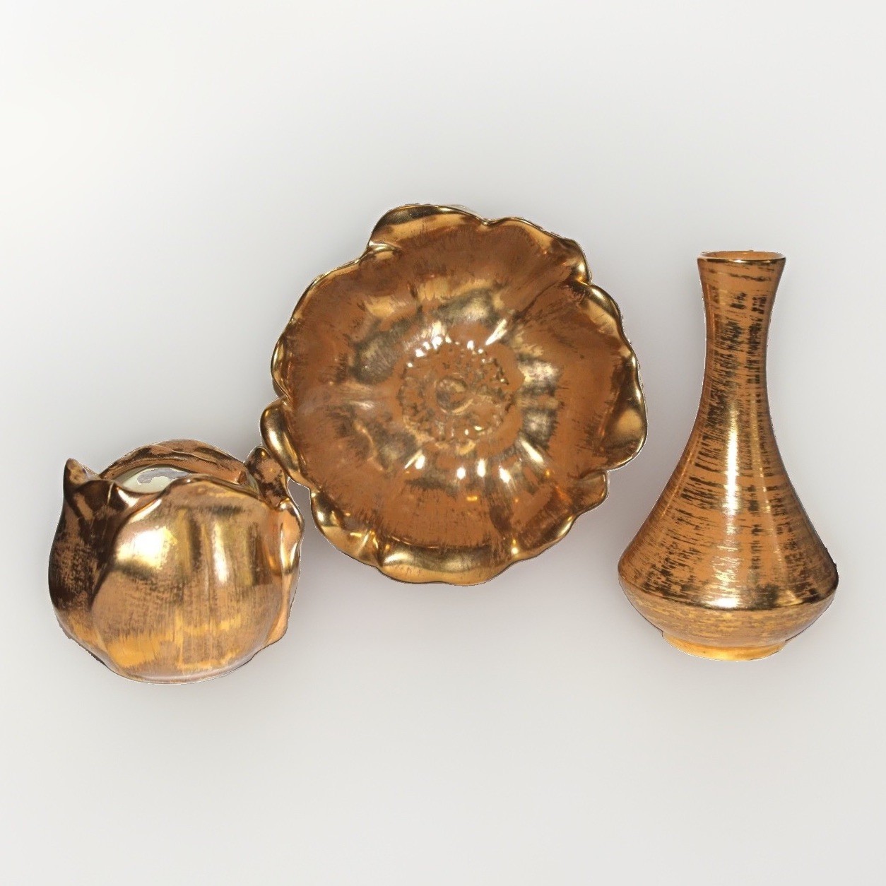 VINTAGE hand-painted 3pc STANGL GRANADA GOLD  bowl vase COLLECTIBLE POTTERY LOT