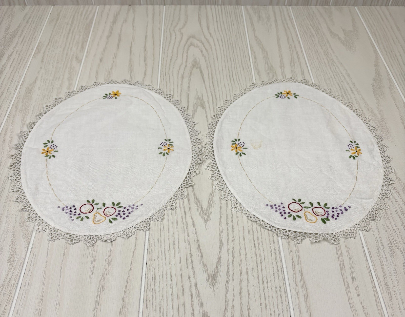 2 Vintage handmade 13” inch dollies Fruit Flower embroidery and crochet trim 2 Vintage handmade 13” inch dollies Fruit Flower embroidery and crochet trim