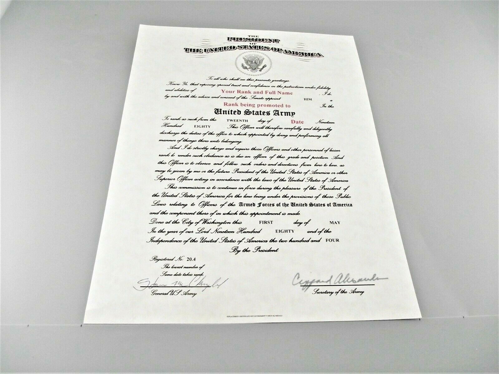 U S Army Commissioned Officer or Warrrant Office Promotion Certificate 8.5X11