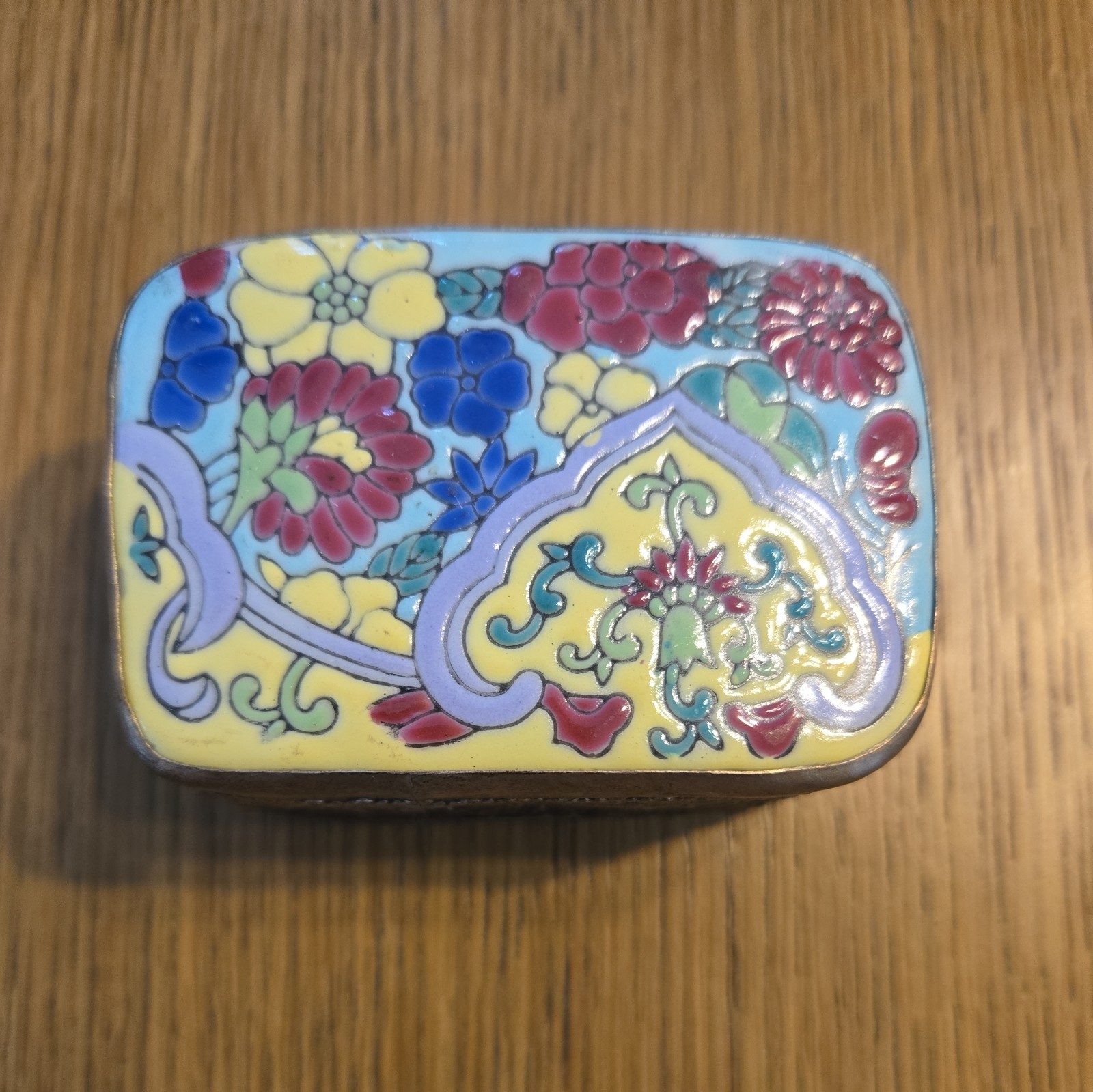 Vtg Chinese cloisonne Hammered Silverplate METAL & CERAMIC Crafted Trinket Box