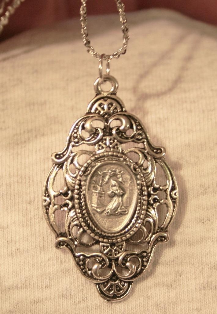 Lacy Festooned Open Filigree St. Rita of Cascia Medal Silvertone Necklace