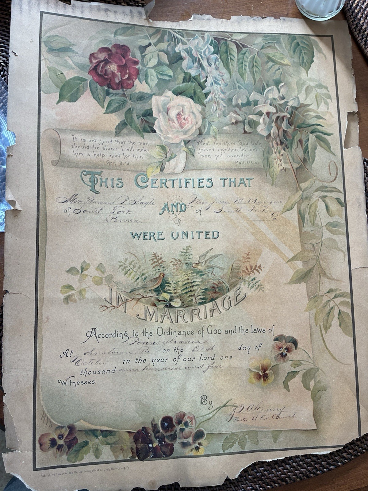 Vintage Marriage Certificate Johnstown PA 1905 Damaged 21x18”
