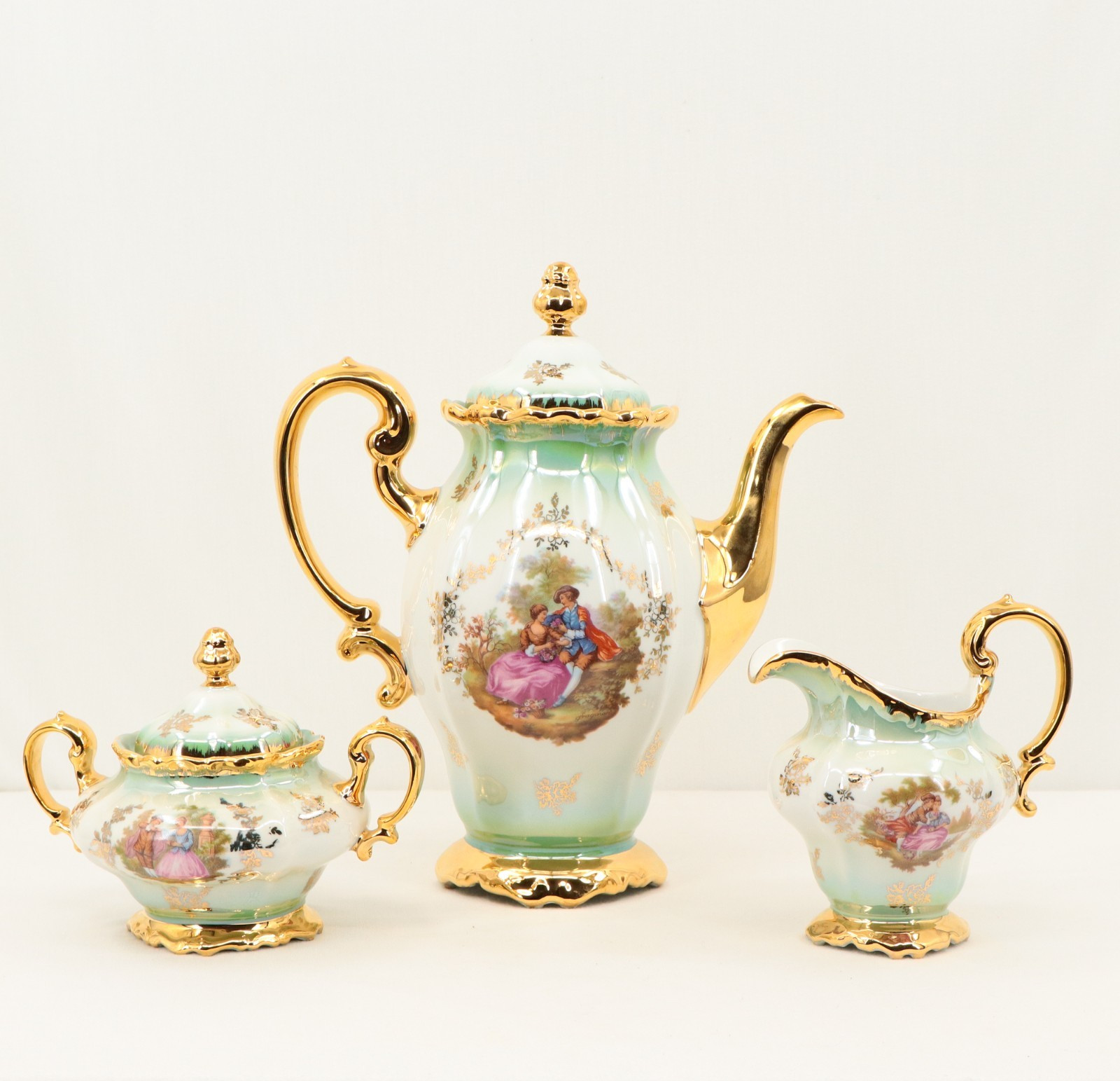 Vintage Johann Haviland Kunst-Palette Fragonard 3pc Tea Set Seafoam Gold