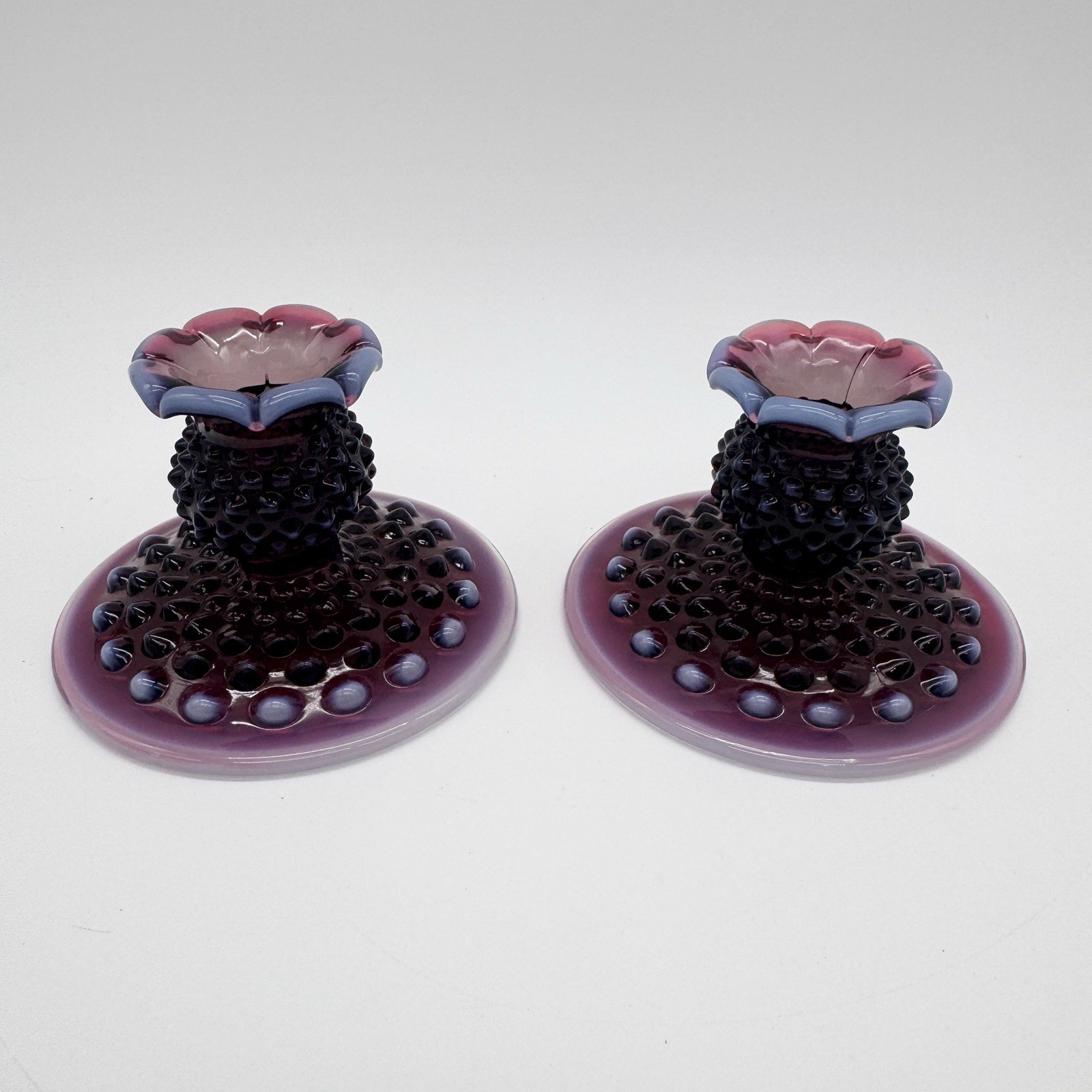 2 Gorgeous RARE Antique Fenton Plum Opalescent/Hobnail Art Glass Candlesticks