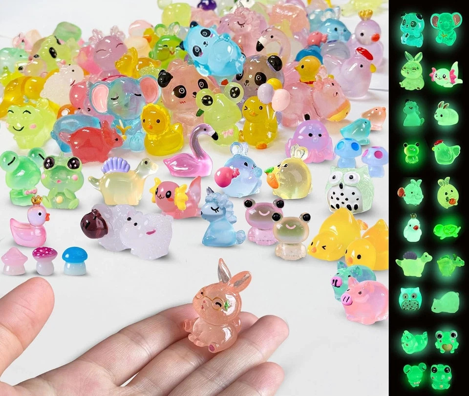 100 Pcs Luminous Mini Resin Animals Tiny Resin Animals Bulk, Glow in the Dark to