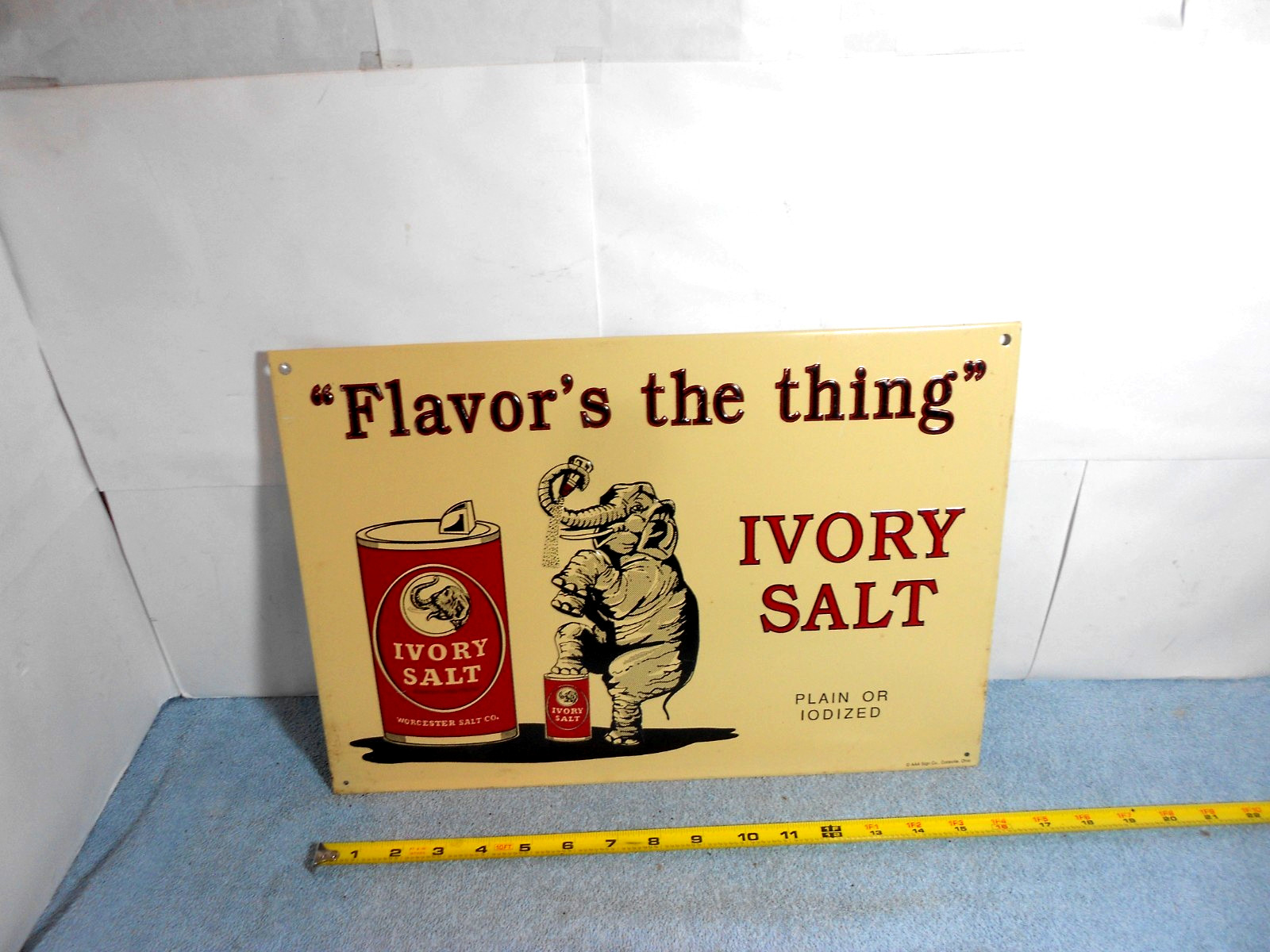 16x11 in VINTAGE  IVORY SALT  ELEPHANT ADV. SIGN EMBOSSED TIN METAL TACKER -X208