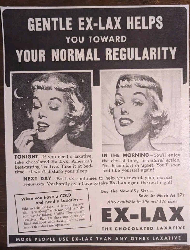 Ex Lax the Chocolated Laxative 1955 Vintage Small Print Ad Ex Lax the Chocolated Laxative 1955 Vintage Small Print Ad