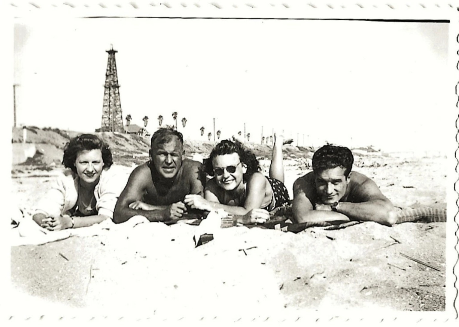 OIL DERRICKS HUNTINGTON BEACH Vintage Photo People Sunbathing Next to Oil Tower