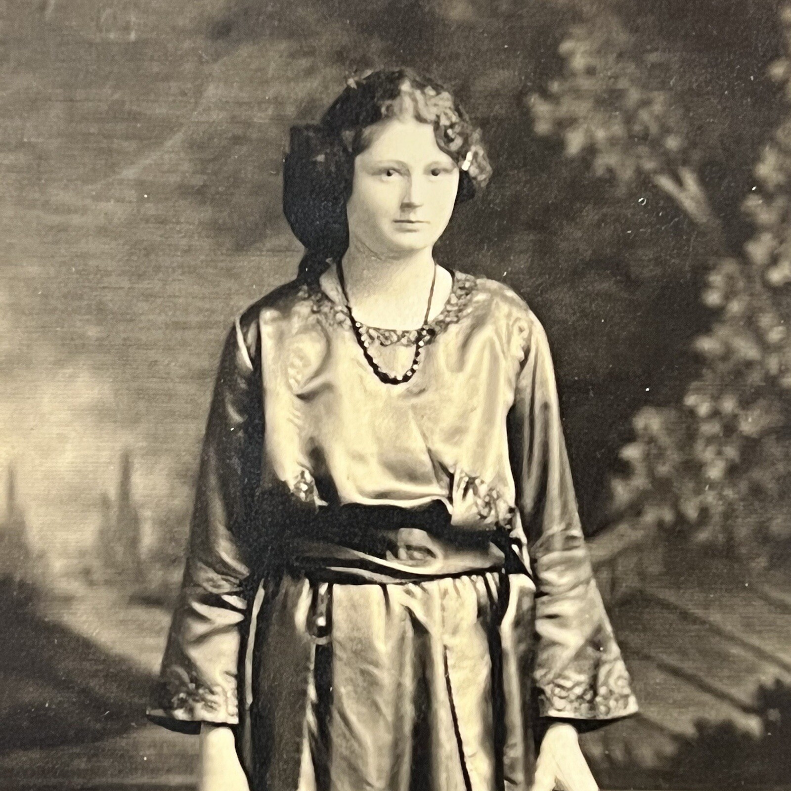 Antique RPPC Real Postcard Beautiful Young Woman Holding Rolled Paper ID Dekens