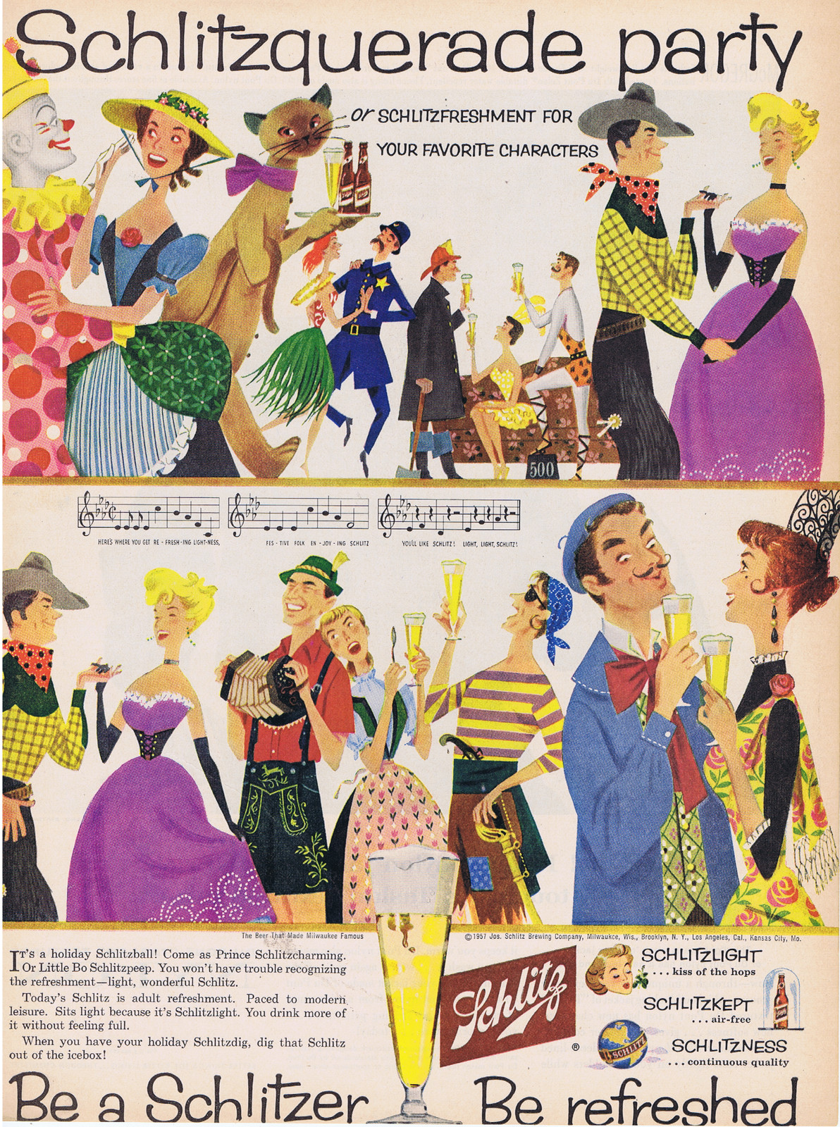 1957 Joe Kaufman Art SCHLITZ Beer MASQUERADE PARTY Costumes Print Ad