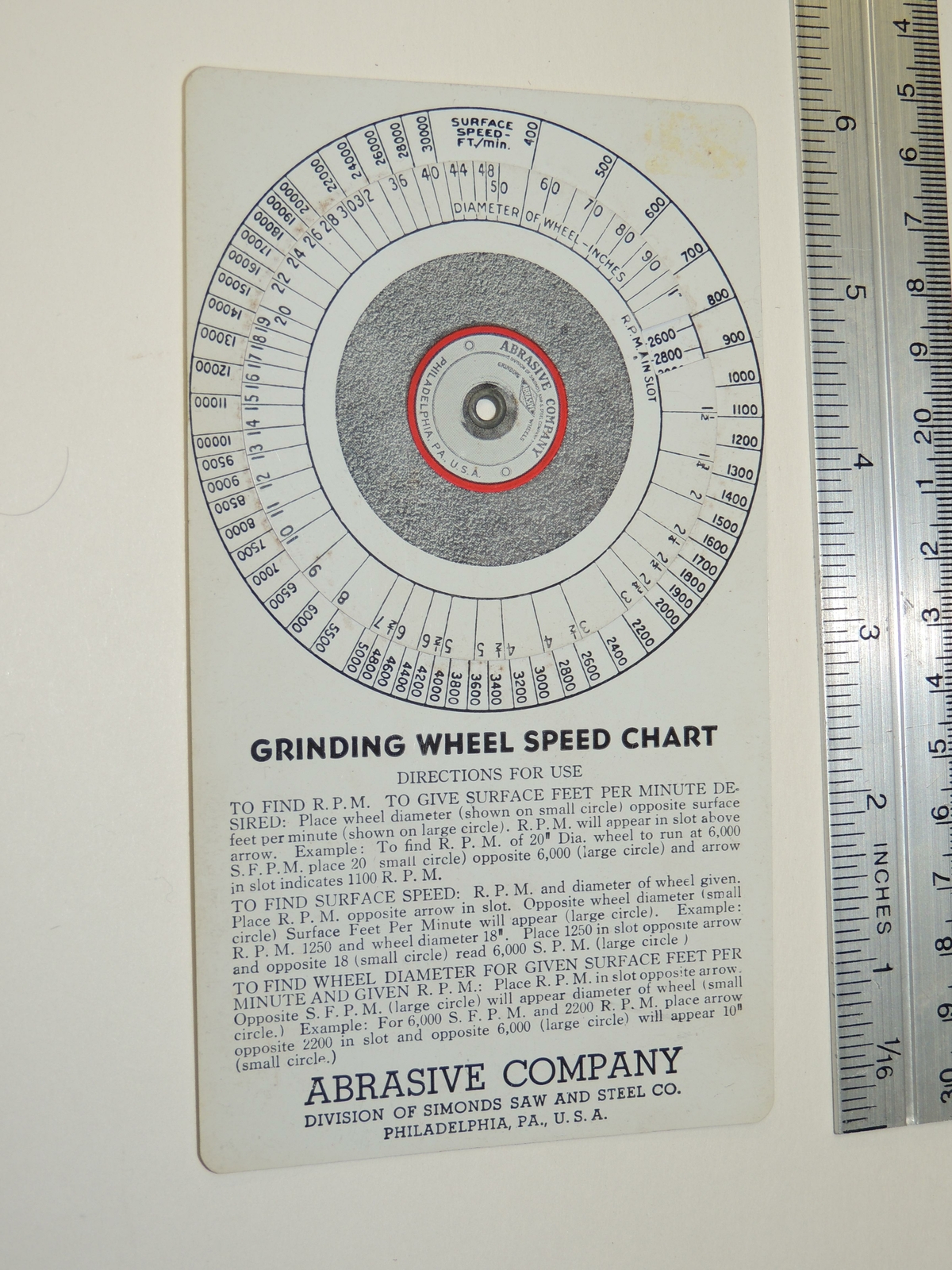  Vintage Abrasive Company Grinding Wheel Speed Chart