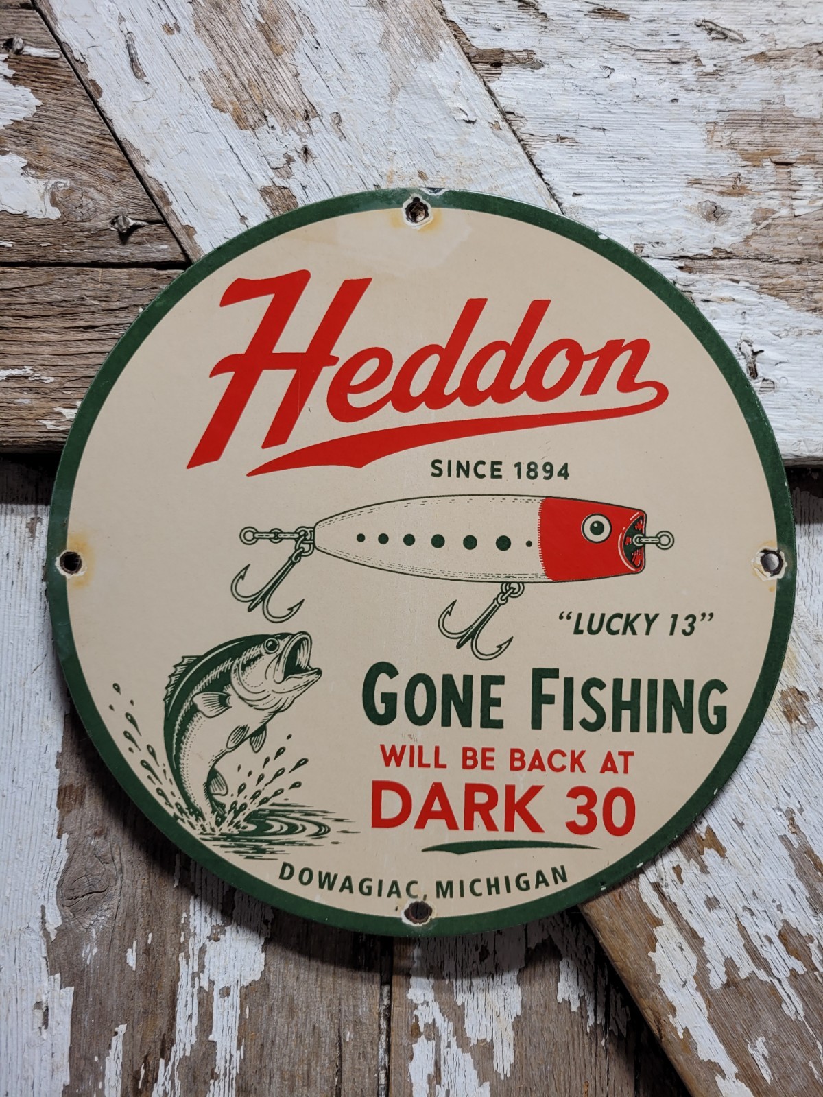 VINTAGE HEDDON PORCELAIN SIGN RARE OLD FISHING TACKLE LURE MICHIGAN TROUT BASS