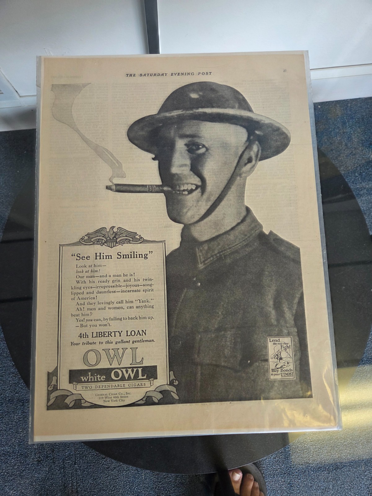 Antique WWI Doughboy - White Owl Cigar Ad - 4th Liberty Loan