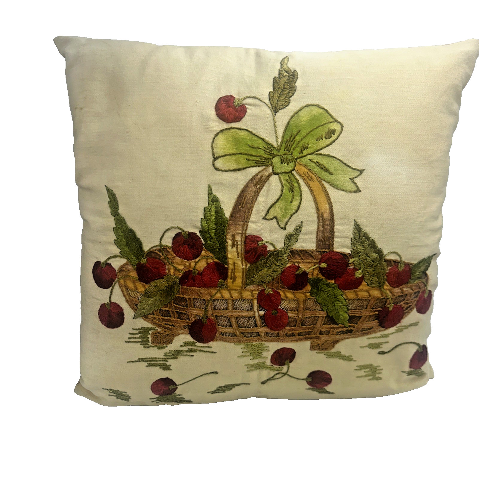 Antique Society Silk Red Cherries in a Basket Embroidered Throw Pillow