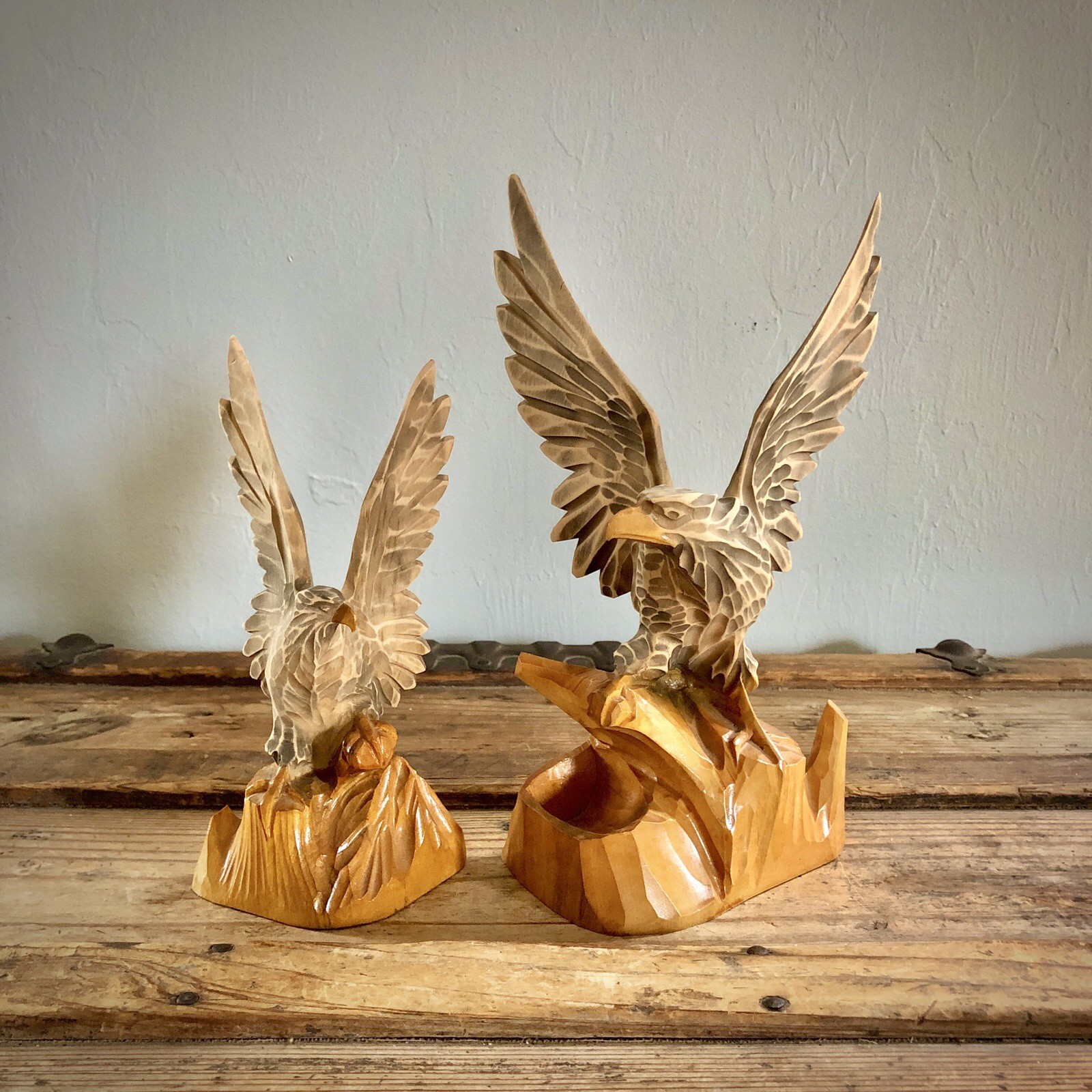 Vintage Hand Carved USSR Soviet Union Wooden Eagles Set Of Two