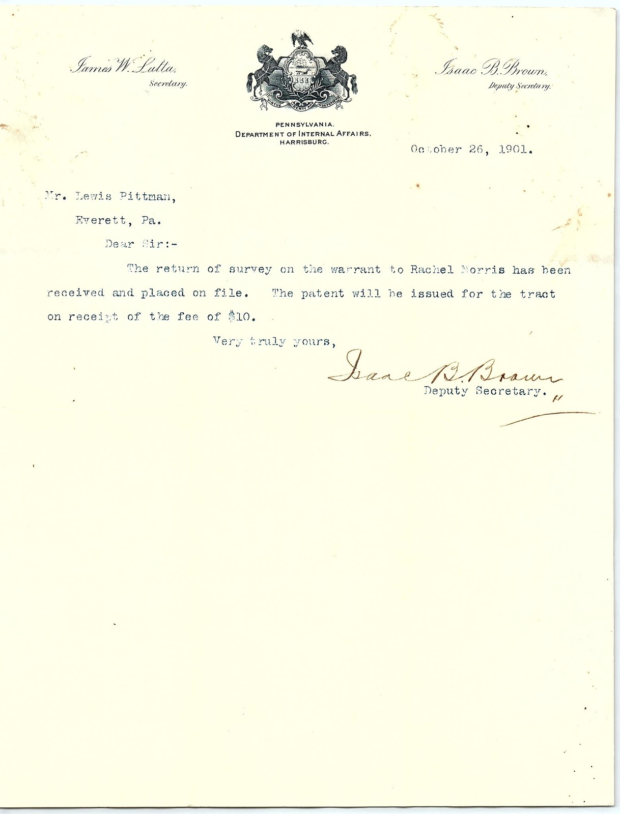 1901 PA Dept. Internal Affairs Letter re: Land Patent