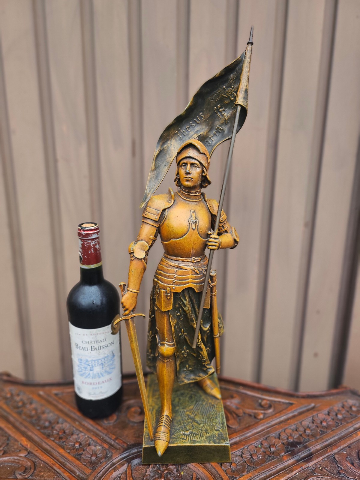 Antique Flemish spelter Bronze patina Statue Saint Joan of arc knight