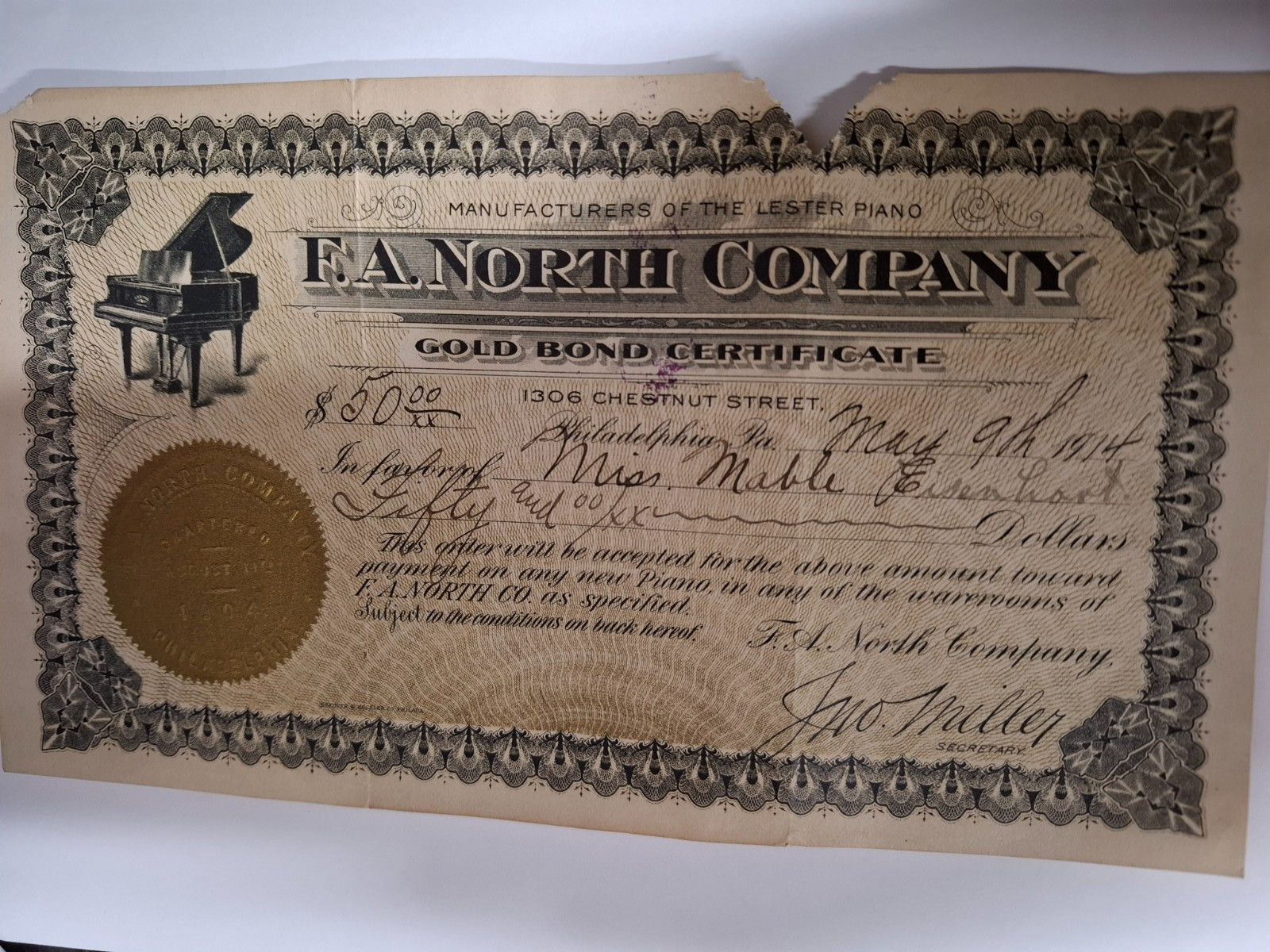 1914 F.A. North Co $50 Gold Bond Certificate Lester Piano Philadelphia