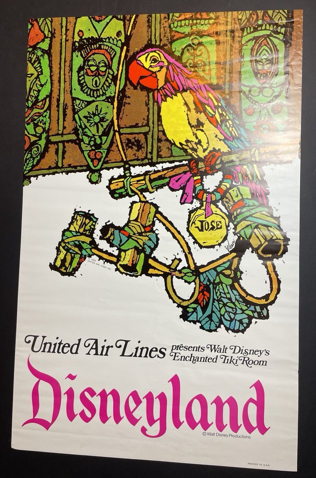ORIGINAL 1968 Disneyland United Airlines Enchanted Tiki Room Poster 25x40”
