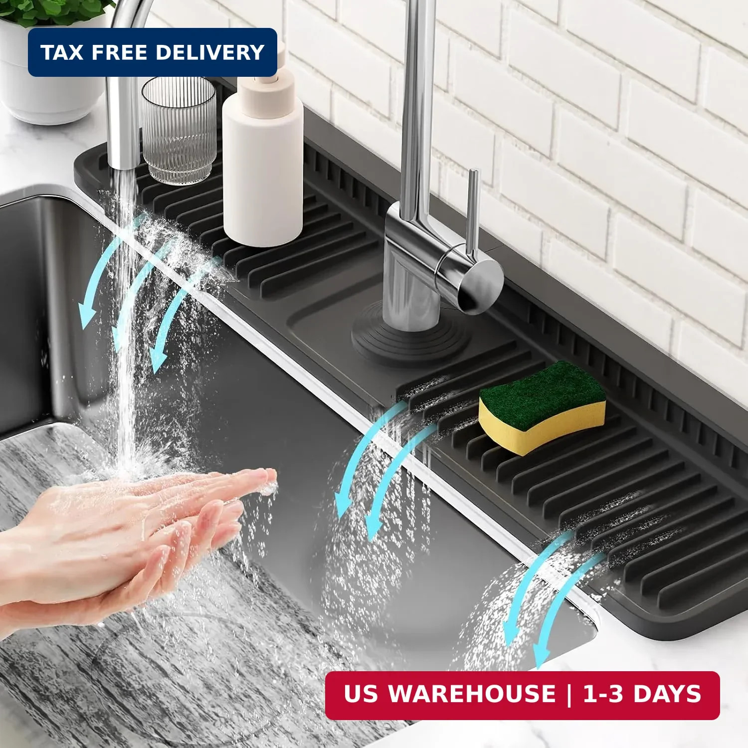 24\'\' Longer Faucet Mat for Kitchen Sink Splash Guard[7° Slope Fast Self-draining