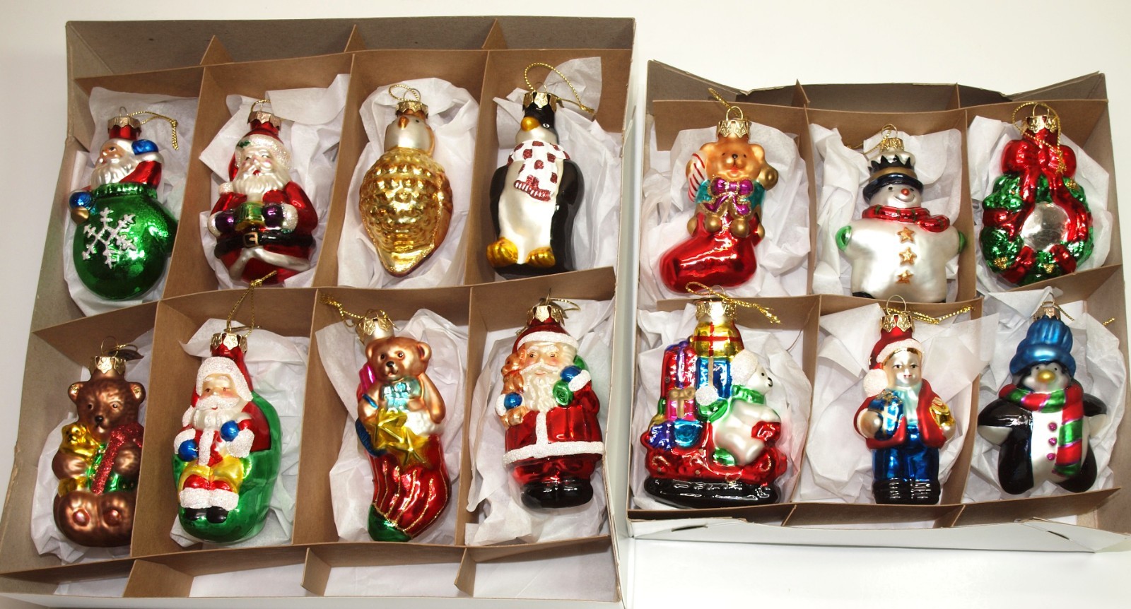 THOMAS PACCONI Set of 14 Figural Glass Ornaments Santa Bird Bears Wreath Snowman