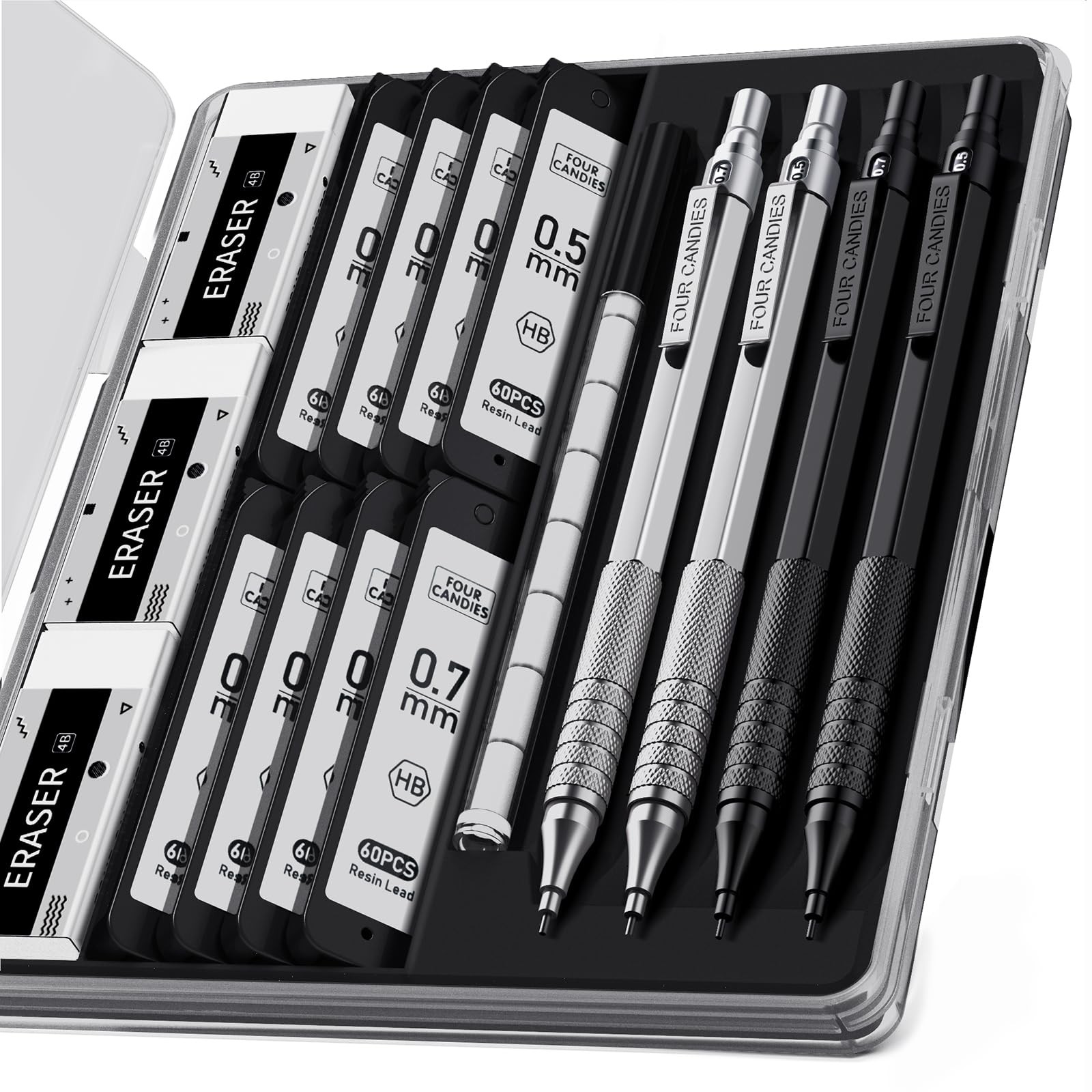 4PCS Metal Mechanical Pencil Set, 0.5mm+0.7mm, Storage Case, Black&Silver 4PCS Metal Mechanical Pencil Set, 0.5mm+0.7mm, Storage Case, Black&Silver