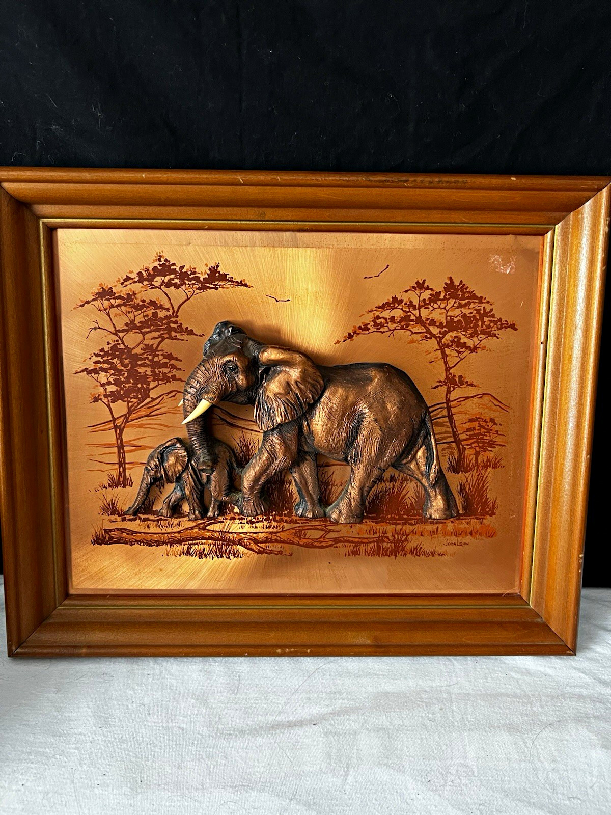 Vintage John Louw Signed 3D Copper Art African Elephant & Baby Savanna Framed Vintage John Louw Signed 3D Copper Art African Elephant & Baby Savanna Framed