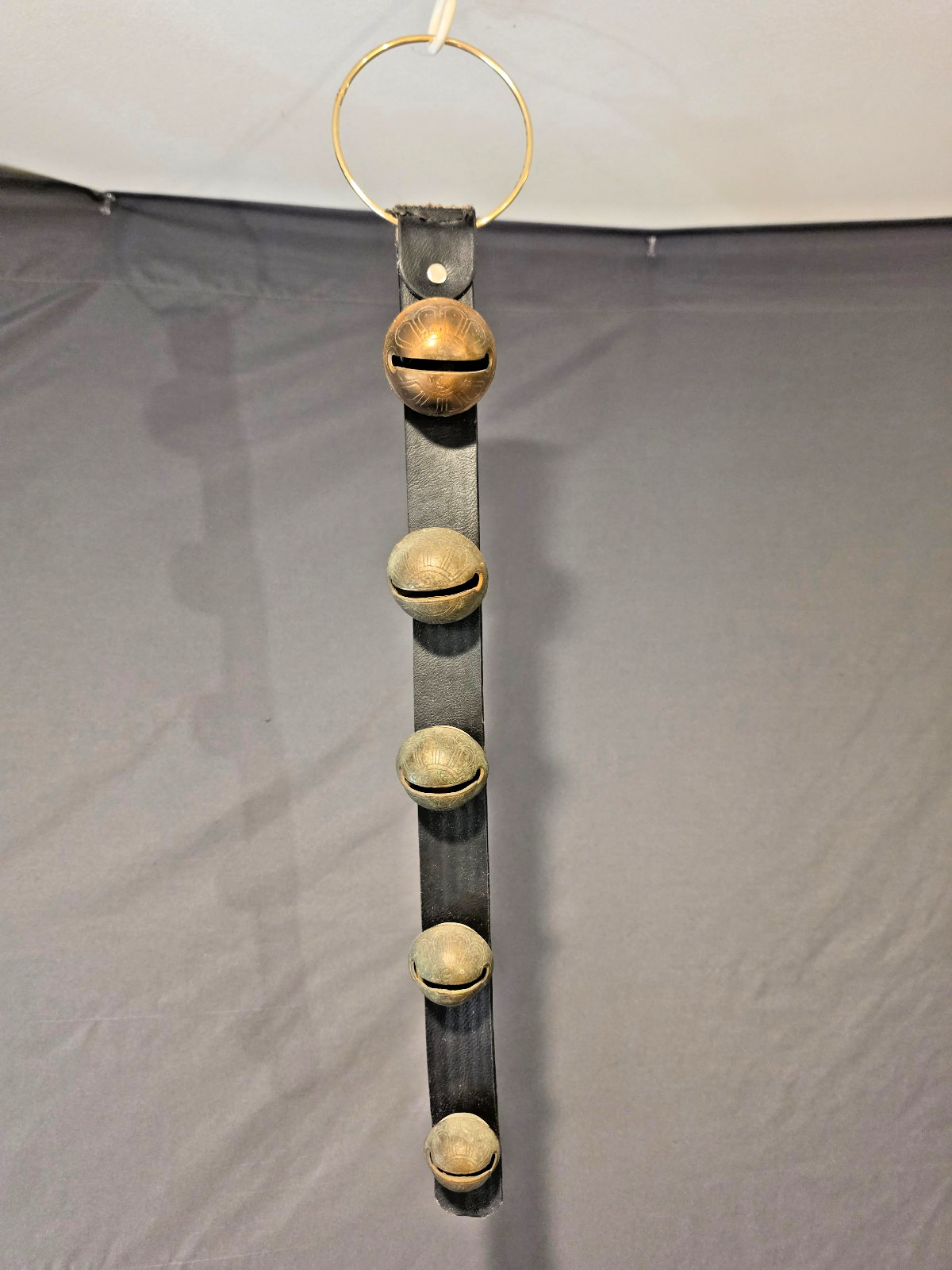 Antique Graduated Brass Sleigh Bells No. 5-9 on Leather Strap 20