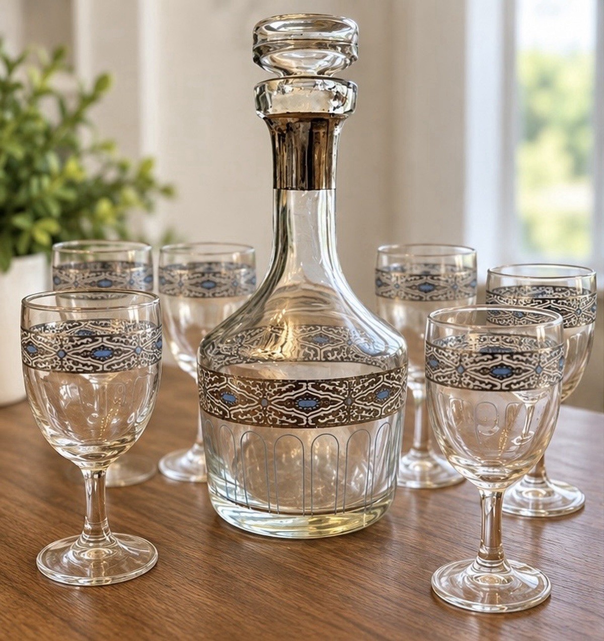 Vintage Culver Sorrento Decanter & 6 Stem Glasses Blue Silver MCM 1960s Barware