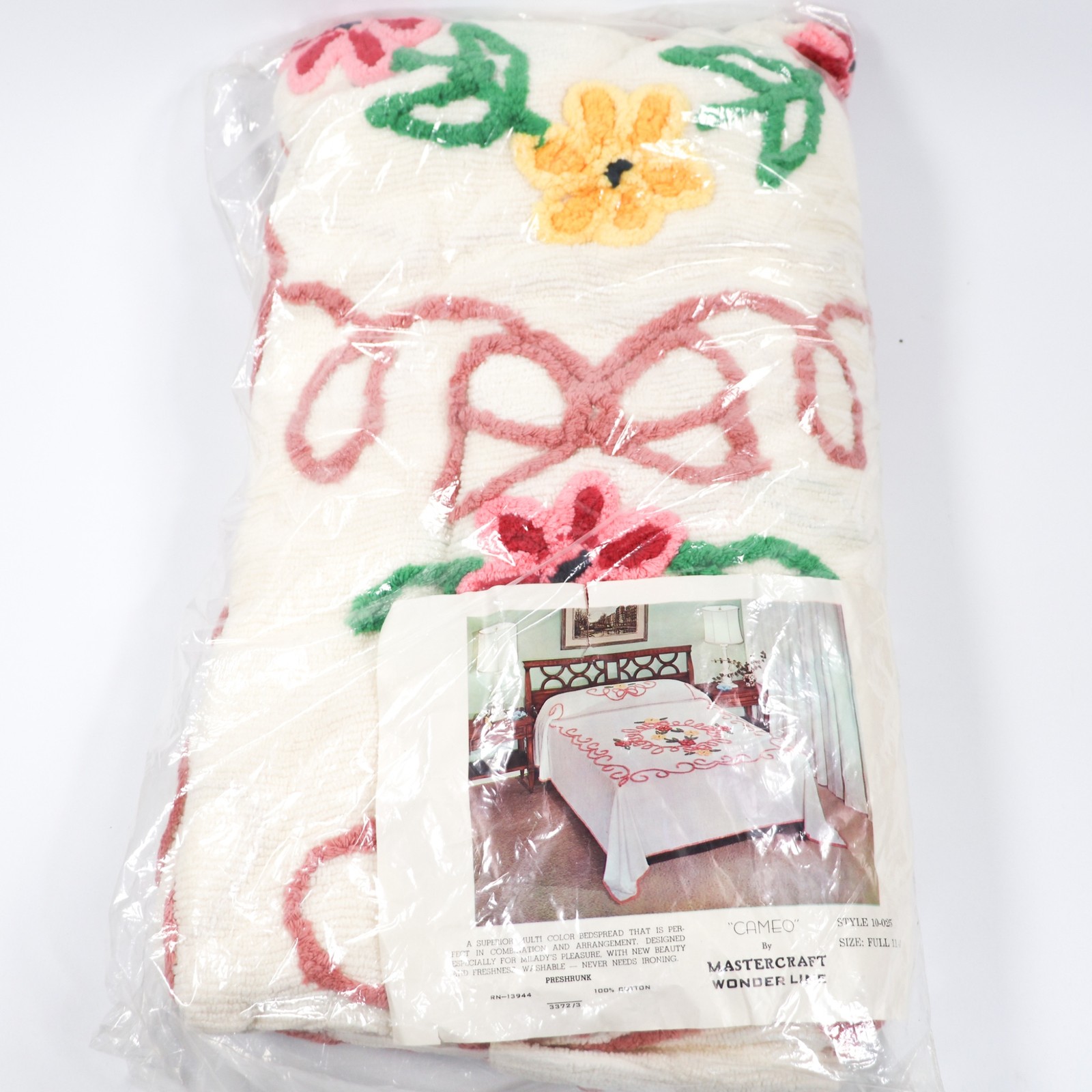NOS Vintage Chenille Bedspread in Package FULL Pink Yellow Bows Floral Rare NOS Vintage Chenille Bedspread in Package FULL Pink Yellow Bows Floral Rare